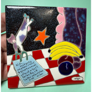 Vintage 93 Handmade Irene Ceramic Art Tile Trivet Feed Pets Rock Roll Fever Mom